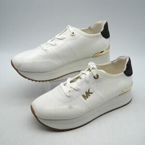 NEW Michael Kors Women's 6 Monique Knit Trainer Shoes Sneakers Cream Gold *READ*